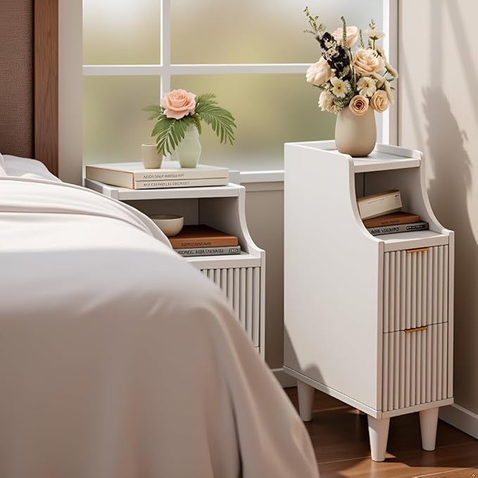 7.9" Narrow Fluted Nightstand Set of 2,Slim Side End Table with 2 Drawers,White Modern Bedside Table,Skinny Night Stand for Bedroom,Small Space