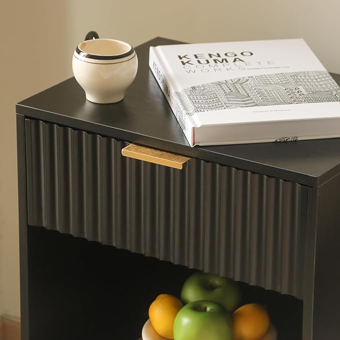 Fultyle Black Fluted Nightstand, Modern Bedside Table with Drawer and Opening Storage, End Side Table Living Room with Solid Wood Legs for Bedroom (Black)