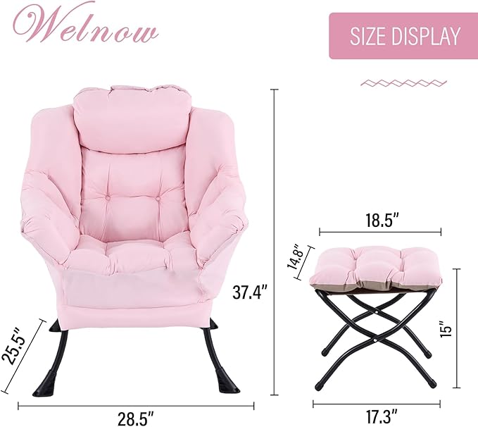Welnow Pink Lazy Chair with Ottoman, Modern Reading Accent Chair with Armrests and a Side Pocket, Leisure Upholstered Lazy Sofa Set with Footrest for Small Space