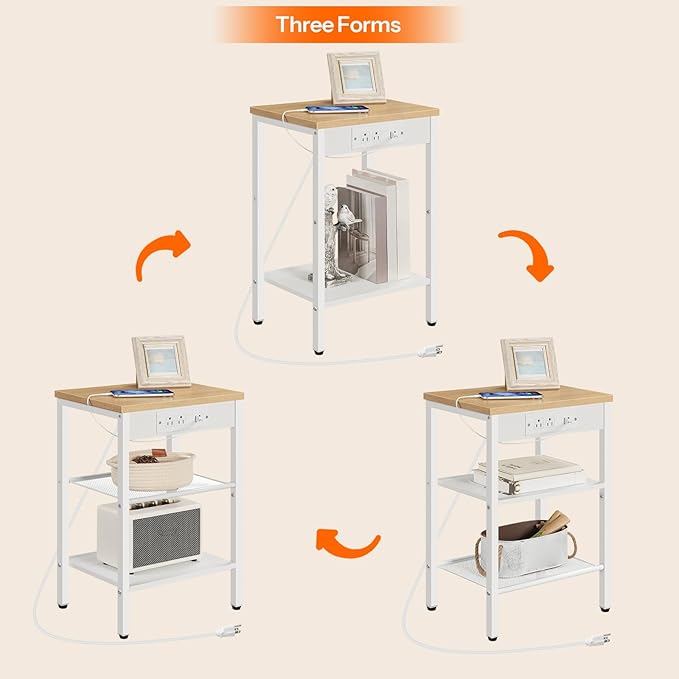 HOOBRO Side Table with Charging Station and USB Port, Small End Table for Small Space, 3-Tier Nightstand with Adjustable Shelf, for Living Room, Bedroom, Natural and White WN112BZ01