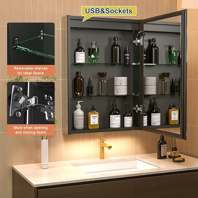 GANPE LED Lighted Bathroom Medicine Mirror Cabinet with Sockets & USBs, Anti-Fog Dimmable Light and Color Adjustment, Easy to Install Aluminum Cabinet (20 * 28 Right Hinge)