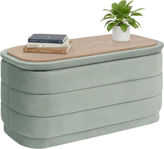 B FSOBEIIALEO Velvet Storage Ottoman with Tray, Folding Ottoman with Storage Coffee Table Shoes Bench for Dorm Room, Living Room Sage, 30"x15"x15"
