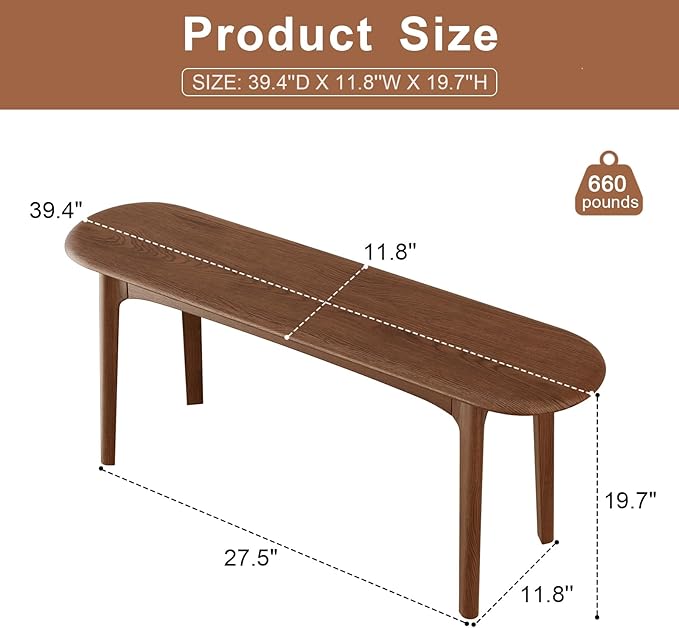 DONGMUWUEJEE 100% Solid Wood Dining Bench, Wood Bench for End of Bed with Rounded Corners, Entryway Benches for Farmhouse, Kitchen, Living Room and Plant Stand (Walnut, 39.4" D x 11.8" W x 19.7" H)