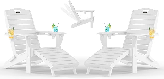 Adjustable Adirondack Chairs Set of 2 with Retractable Ottoman, HDPE Folding Adirondack Chair with Cup Holders, Weather Resistant for Backyard, Poolside & Fire Pit (White)