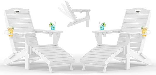 Adjustable Adirondack Chairs Set of 2 with Retractable Ottoman, HDPE Folding Adirondack Chair with Cup Holders, Weather Resistant for Backyard, Poolside & Fire Pit (White)