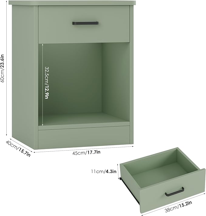 FOTOSOK Nightstand Set of 2, 2-Tier Side Table with Drawer and Storage Shelf, Bedside Table End Table, Modern Night Stand for Bedroom, Home Office, Green
