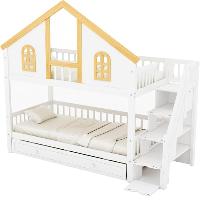 Twin Over Twin Bunk Bed with Trundle and Storage Stairs, House Triple Bunk Castle Bed with Roof and Windows, Bookshelf, Space Saving for Kids, Boys, Girls, Adults, White