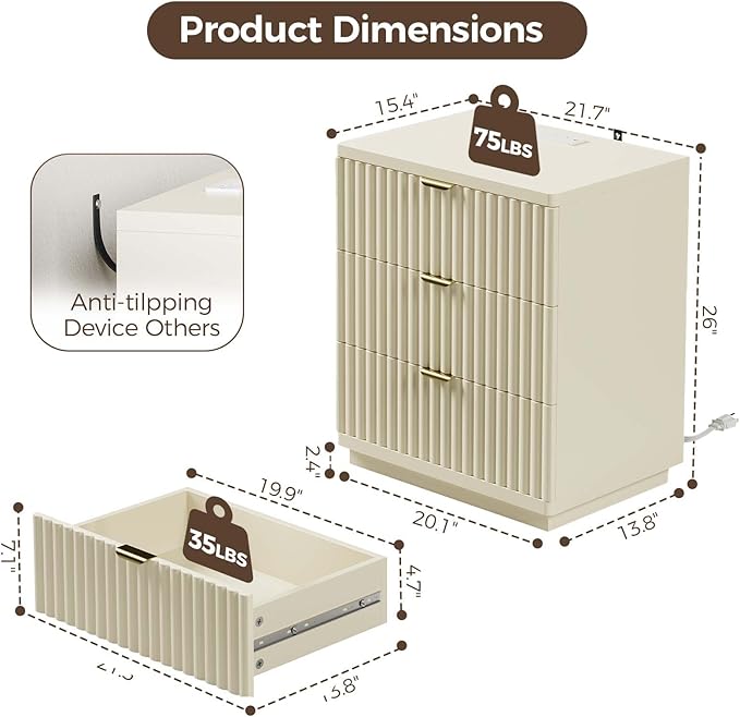 Nightstand with Charging Station, Wood Night Stand with 3 Drawers Storage Bedside Table Large Fluted Bed Side End Table, Modern Nightstand for Bedroom Living Room (Beige)
