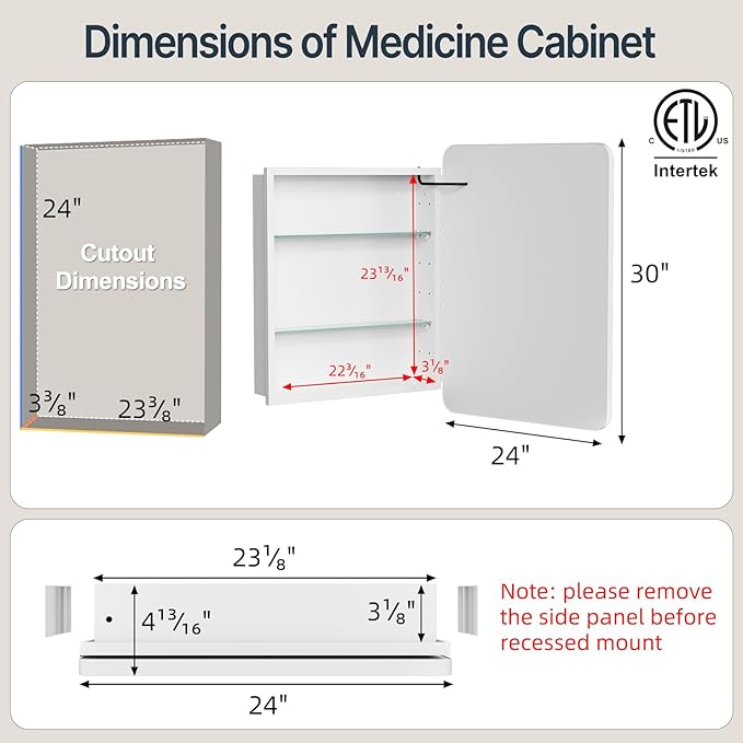 24x30 Inch Medicine Cabinet with Mirror, Recessed or Surface Mount Bathroom Medicine Cabinet with LED Lights, Anti-Fog, Memory Function, Adjustable Shelf, Dimmable Light, ETL Listed, White,Right Hinge