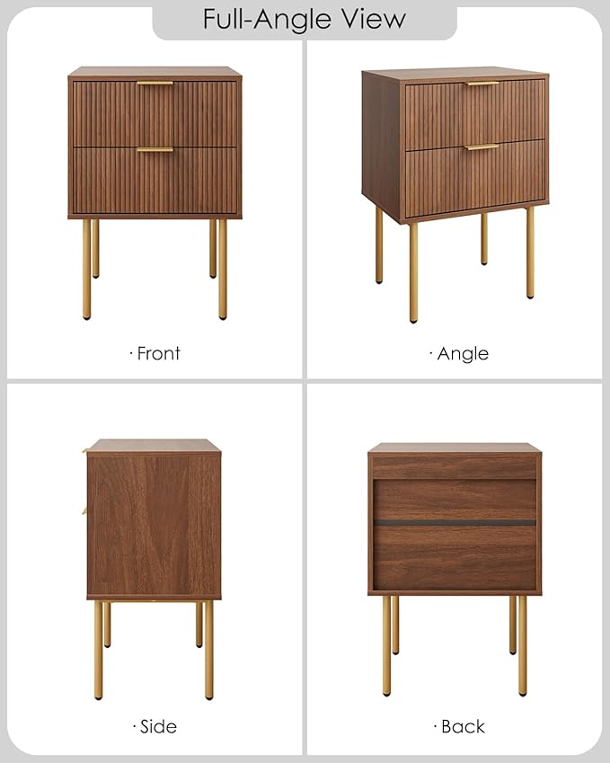 Aienvey Night Stand, Modern Nightstand with Drawers, Bedside Table, Gold Small Side Table for Bedroom, Living Room End Table (Walnut Stripe, 2 Drawers)