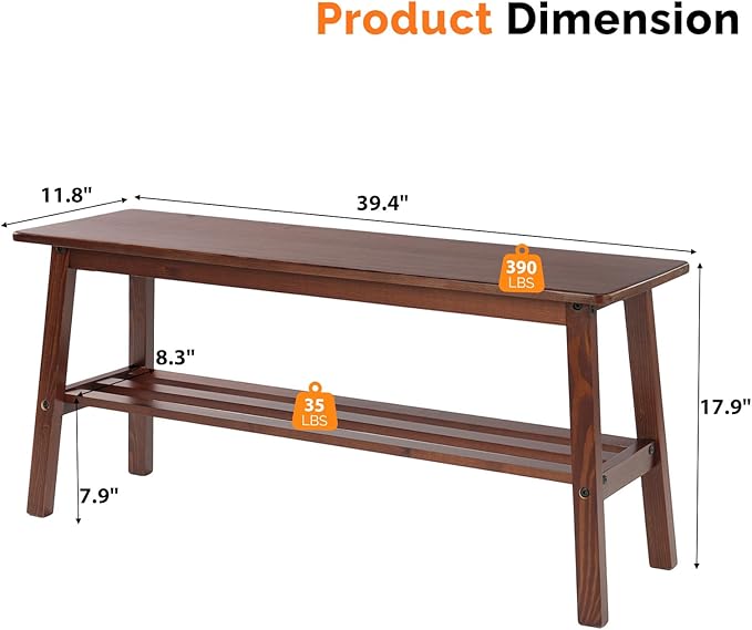 VINGLI Solid Wood Dining Bench 39" Wooden Bench for Entryway, Bedroom, Kitchen & Living Room, with Shoe Rack Storage, Walnut