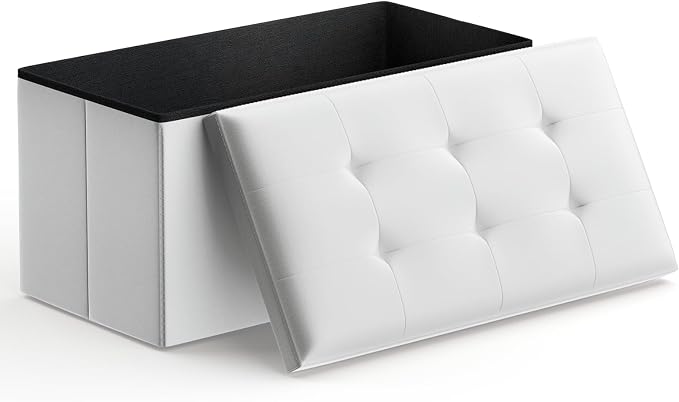 Magshion Folding Storage Ottoman Bench, 15 x 30 x 14.5 Inches PU Leather Ottoman Foot Rest, End of Bed Bench, 90L Storage Chest for Bedroom, Living Room, Entryway, Hallway, White
