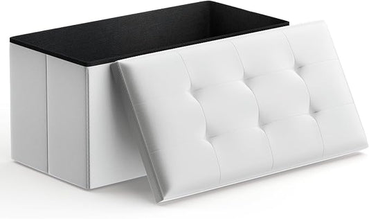 Magshion Folding Storage Ottoman Bench, 15 x 30 x 14.5 Inches PU Leather Ottoman Foot Rest, End of Bed Bench, 90L Storage Chest for Bedroom, Living Room, Entryway, Hallway, White