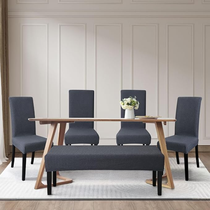 FORCHEER Dining Chair Covers and Bench Covers Set Waterproof Dark Grey Jacquard 4 Dining Room Chair and Bench Slipcover Washable