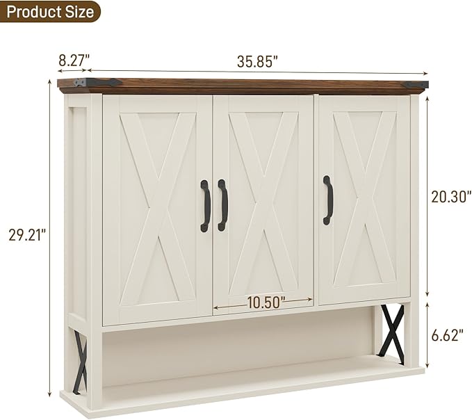Halitaa Bathroom Wall Cabinet, Farmhouse Medicine Cabinet with Adjustable Wood Shelf & 3 Doors, Over The Toilet Storage Cabinet for Wall Mounted for Bathroom Laundry Room Kitchen, White and Brown