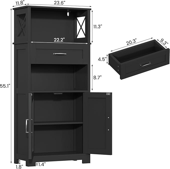 Saudism Farmhouse Black Storage Cabinet with Doors and Drawers, Freestanding Kitchen Pantry Cabinet, Floor Storage Cabinet Hutch Cupboard for Kitchen/Laundry/Living Room (Black)