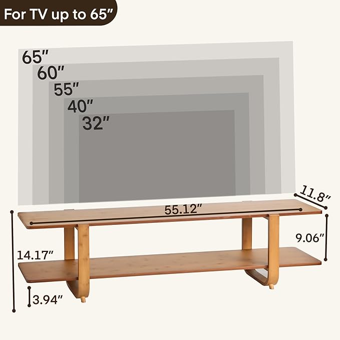 Bamboo TV Stand for TVs up to 65", Media TV Console Table with Storage, Accent Entertainment Center with Shelf, Modern TV Stand for Living Room, Bedroom, 55"(L), Walnut