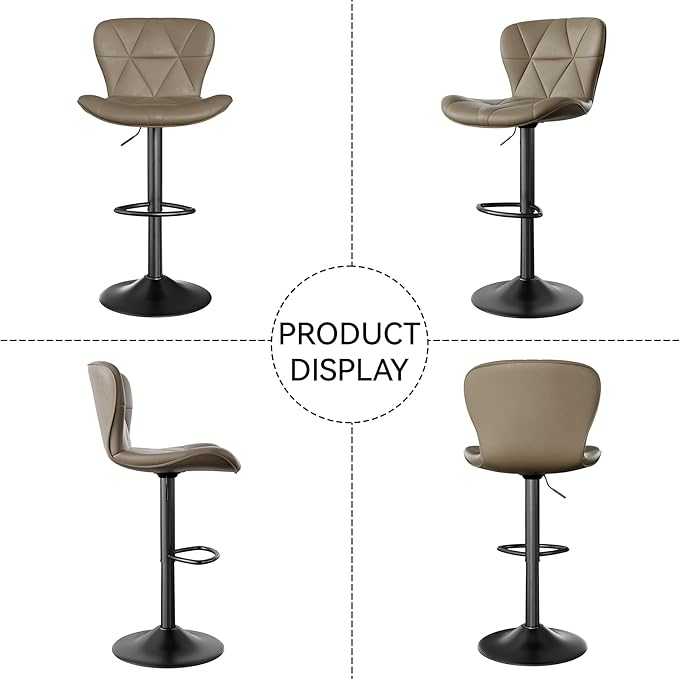 Nalupatio Modern Bar Stools Set of 2, Adjustable Faux Leather Upholstered Swivel Bar Stools, Counter Height Bar Chairs with Back for Kitchen Island, Dark Khaki