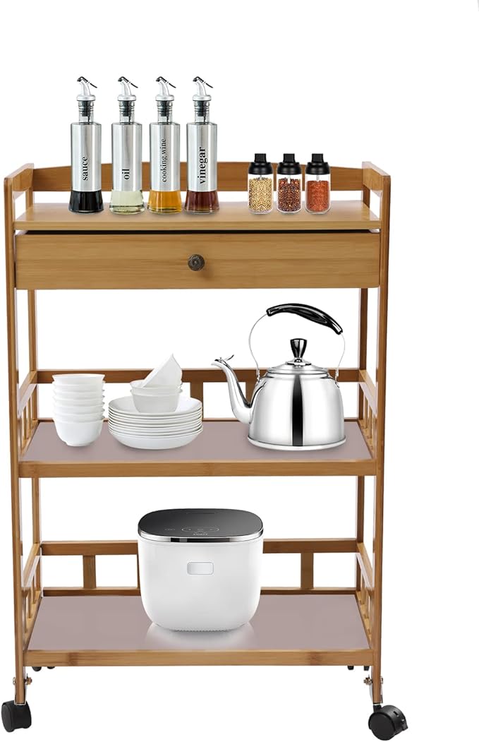 Bamboo Home Kitchen Island Trolley with Storage Drawer Stand 3 Tiers Shelves Cart Mobile Kitchen Utility Cart Storage Shelf Rack for Dining Room