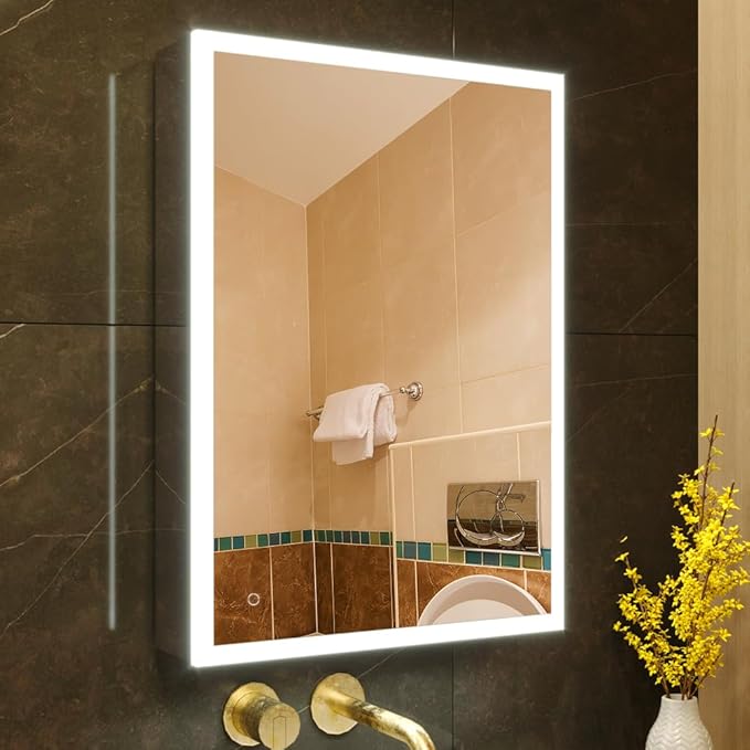 KWW LED Lighted Bathroom Medicine Cabinet with Sockets & USBs, Dimmable, 3 Color Light Makeup Mirror, Easy to Install, Wall Mounted Cabinet (Left hinge-20 * 28)
