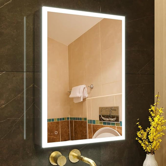 KWW LED Lighted Bathroom Medicine Cabinet with Sockets & USBs, Dimmable, 3 Color Light Makeup Mirror, Easy to Install, Wall Mounted Cabinet (Left hinge-20 * 28)
