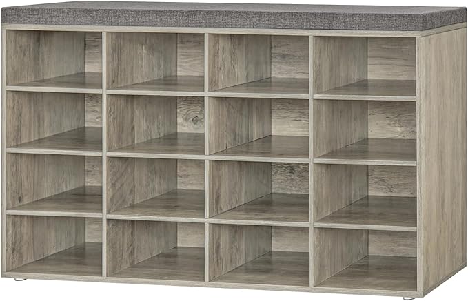 DINZI LVJ Shoe Storage Bench with Cushion, 16-Cubby Shoe Rack, Adjustable Shelves, Multifunctional Shoe Organizer Bench for Entryway, Mudroom, Hallway, Living Room, Bedroom and Garage, Gray Wash