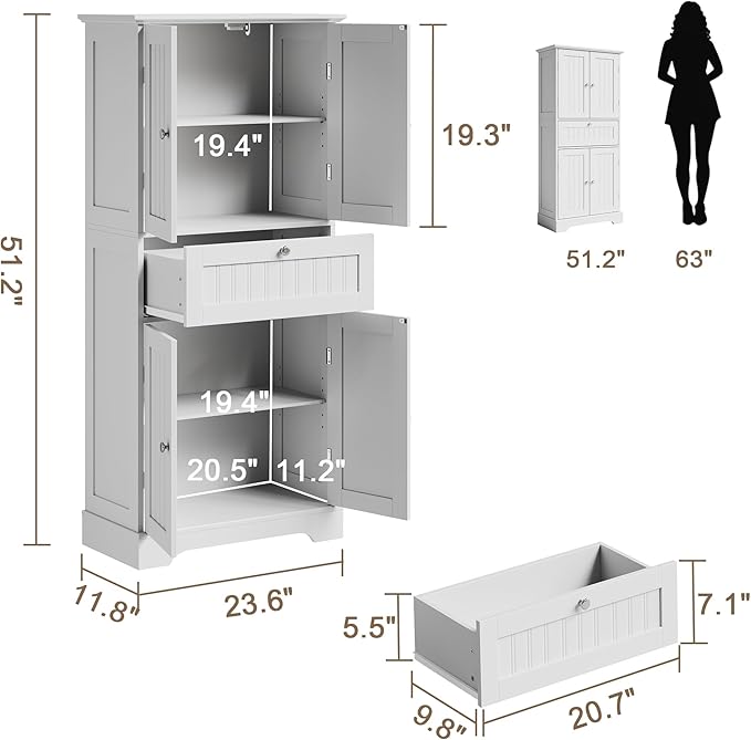 ChooChoo 51" H Tall Bathroom Floor Cabinet, Modern Bathroom Storage Cabinet with Drawer and Adjustable Shelves, Freestanding Kitchen Pantry Cupboard with 4 Doors for Living Room, White