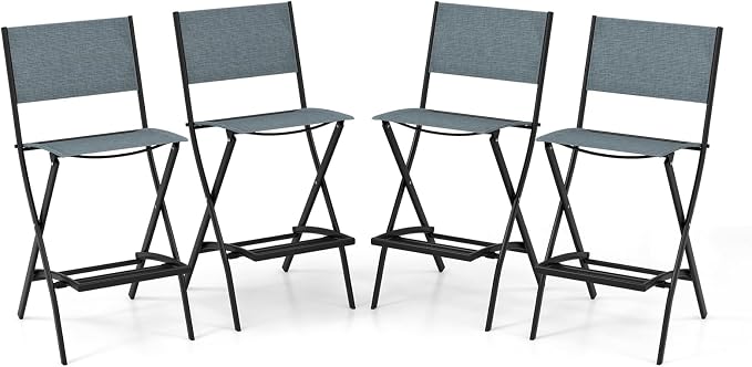 COSTWAY Outdoor Patio Bar Chair Set of 4, Folding Counter Height Stool with Metal Frame & Footrest, Patio Bar Stool for Balcony, Garden & Poolside (4, Blue)