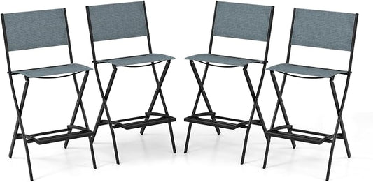 COSTWAY Outdoor Patio Bar Chair Set of 4, Folding Counter Height Stool with Metal Frame & Footrest, Patio Bar Stool for Balcony, Garden & Poolside (4, Blue)