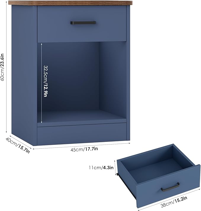FOTOSOK Nightstand, 2-Tier Side Table with Drawer and Storage Shelf, Bedside Table End Table, Modern Night Stand for Bedroom, Home Office, Blue