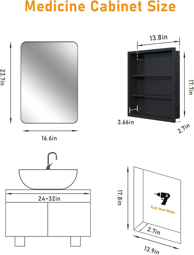 16"x24" Black Recessed Medicine Cabinet, Bathroom Surface Mount Medicine Cabinet Bathroom Mirror with Storage, Waterproof Full Body Metal, Stable and Removable 2 Metal Shelves, Easy Installation