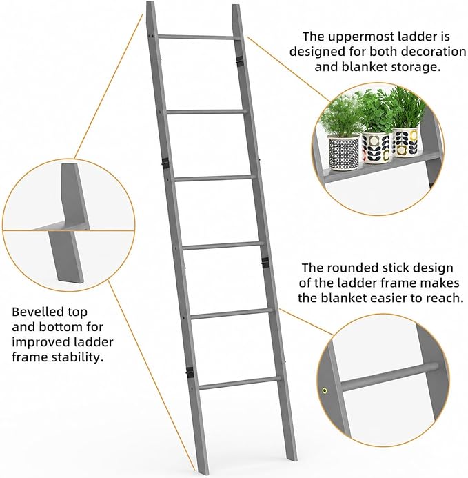 BAMBANG 6-Tier Blanket Ladder for Living Room, Blanket Quilt Ladder Rack Rustic Decorative Towel Holder, Wall Leaning Blanket Ladder Shelf Storage Farmhouse Decor for Bedroom Bathroom, Gray