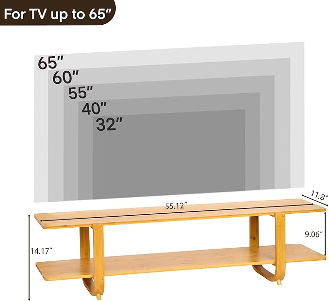 Bamboo TV Stand for TVs up to 65", Accent Entertainment Center with Storage, Media Console Table with Shelf, Modern TV Stand for Living Room, Bedroom, 55"(L), Burlywood