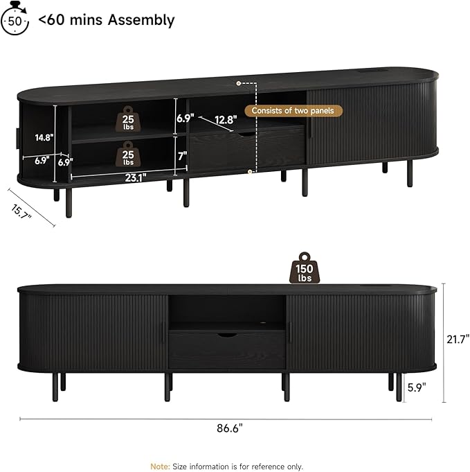 ONBRILL 86.6" TV Stand with Power Outlet for TVs up to 90", Entertainment Center with Storage and Drawer, TV Console with Adjustable Shelves and Sliding Door, TV Stand for Living Room, Bedroom, Black
