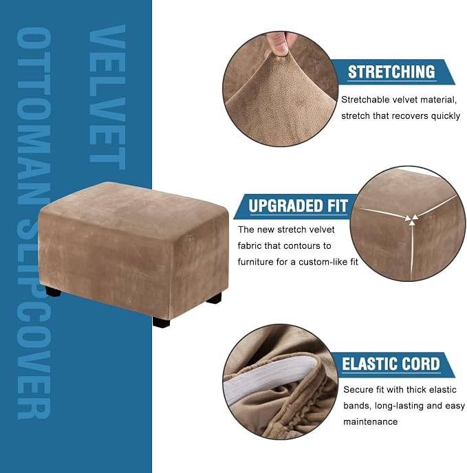 H.VERSAILTEX Real Velvet Plush 1 Piece Form Fit Stretch Rectangle Folding Storage Covers Ottoman Slipcovers Removable Footstool Protect Footrest Covers Elastic Bottom, Machine Washable(X-Large, Camel)