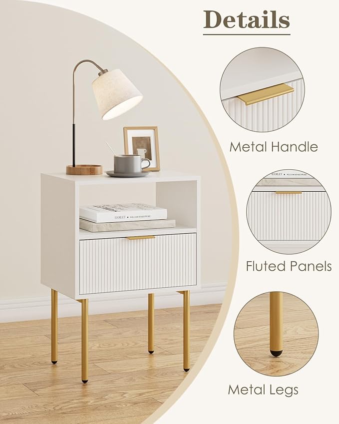 Aienvey Night Stand, Modern Nightstand with Drawers, Bedside Table, Gold Small Side Table for Bedroom, Living Room End Table (White Stripe, 1 Drawer)