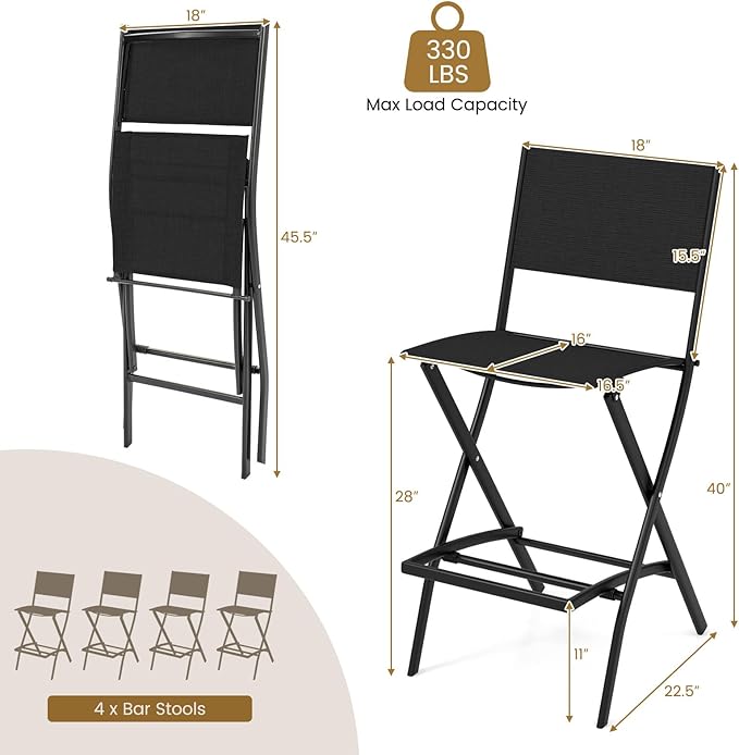 COSTWAY Outdoor Patio Bar Chair Set of 4, Folding Counter Height Stool with Metal Frame & Footrest, Patio Bar Stool for Balcony, Garden & Poolside (4, Black)
