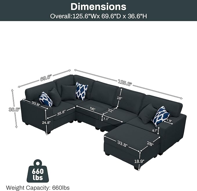 Legend Vansen Oversized Modular Sectional Sofa,U/L‑Shaped Reversible Couch with Ottoman,Deep Seat Plush Polyester Sofa for Living Room,6‑Seater,Charcoal