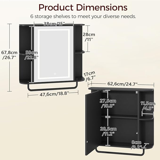 MAHANCRIS Bathroom Wall Cabinet with Mirror, Mirrored Medicine Cabinet with 3 Colors LED Light and 4 Open Shelves, Wall Mounted Storage Cabinets with Adjustable Shelf, 24.7"L x 6.7"W x 26.7"H, Black