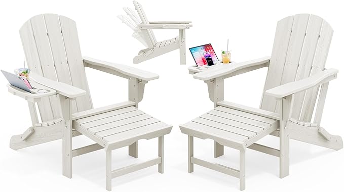 KINGYES Adjustable Folding Adirondack Chair with Footrest & 4-in-1 Multi-Functional Holder Set of 2, HDPE Reclining Adirondack Chair with Pull-Out Ottoman, White