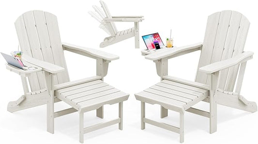 KINGYES Adjustable Folding Adirondack Chair with Footrest & 4-in-1 Multi-Functional Holder Set of 2, HDPE Reclining Adirondack Chair with Pull-Out Ottoman, White