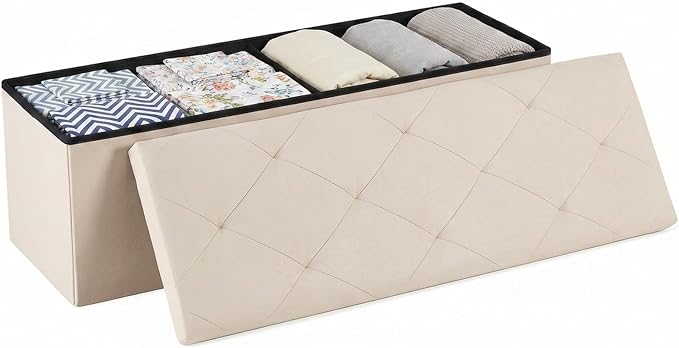 DUMOS 43 Inch Folding Storage Ottoman Bench, Spacious Hidden Organizer with Foam Cushioned Top, End of Bed Foot Rest Stool for Bedroom Living Room Entryway, Supports Up to 660 LBS, Linen Fabric, Beige