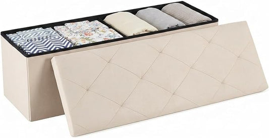 DUMOS 43 Inch Folding Storage Ottoman Bench, Spacious Hidden Organizer with Foam Cushioned Top, End of Bed Foot Rest Stool for Bedroom Living Room Entryway, Supports Up to 660 LBS, Linen Fabric, Beige