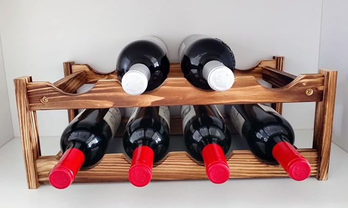 8 Bottle Wooden Wine Rack, 2 Tier Countertop Wine Storage Rack, Carbonized Pine Wood Freestanding Wine Organizer Holder for Kitchen Counter, Bar, Cabinet, Dining Room