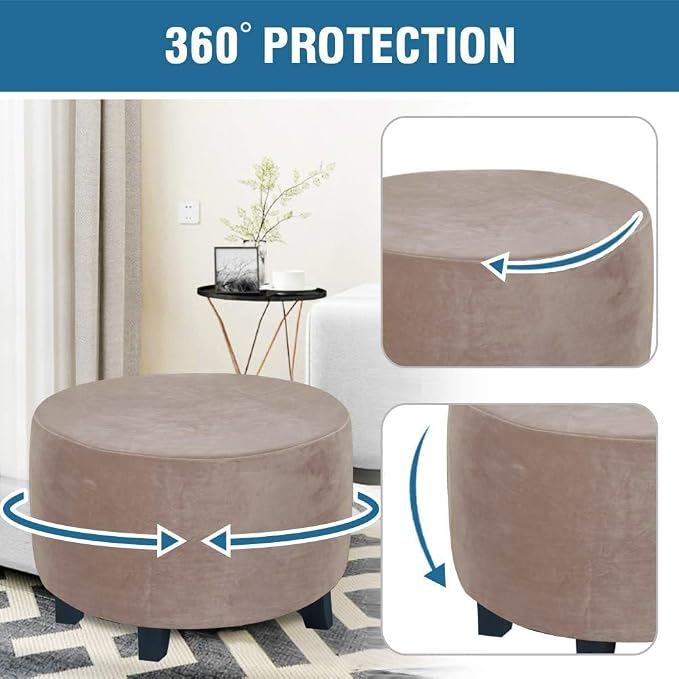 H.VERSAILTEX Round Ottoman Slipcover Ottoman Covers Slipcover Footstool Protector Covers Storage Stool Ottoman Covers Stretch with Elastic Bottom, Feature Real Velvet Plush Fabric (X-Large, Taupe)