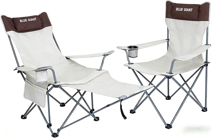 2 Pack Adjustable Folding Camping Chairs with Detachable Footrest and Headrest, Lightweight and Portable, Ideal for Hiking, Travel, Fishing and Outdoor Activities (Beige)