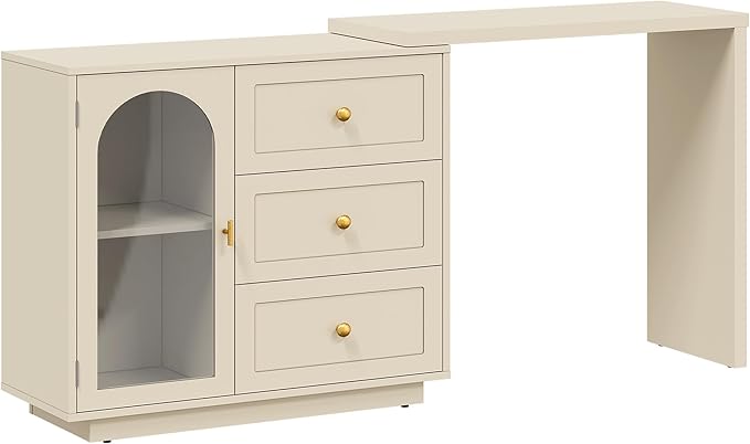 RoyalCraft 59” Large Makeup Vanity Desk, Beige L Shaped Corner Vanity Table with 3 Drawer & 1 Door, Modern Extendable Dressing Table, Vanity Dresser Combo for Bedroom, Dressing Room (Without Mirror)
