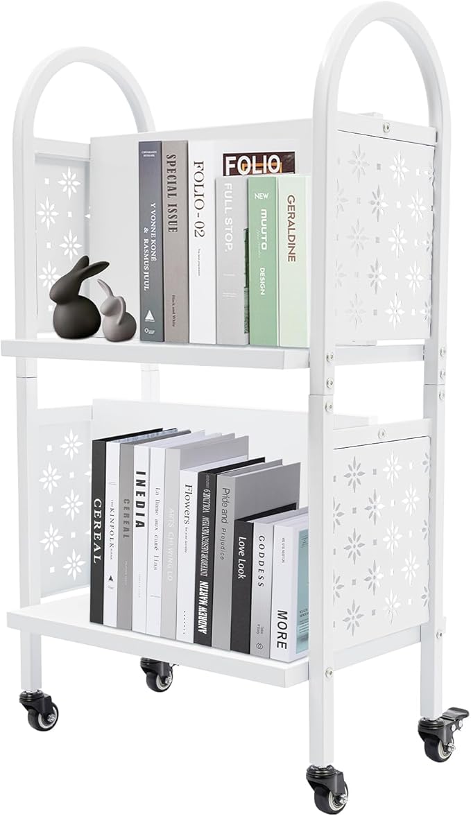 2-Tier Book Cart Rolling Office Floor Standing Book Storage Rack with Wheels Bookshelf Organizer Open Shelf Assistant Organizing Transporting Displaying Libraries Classrooms Homes Office School