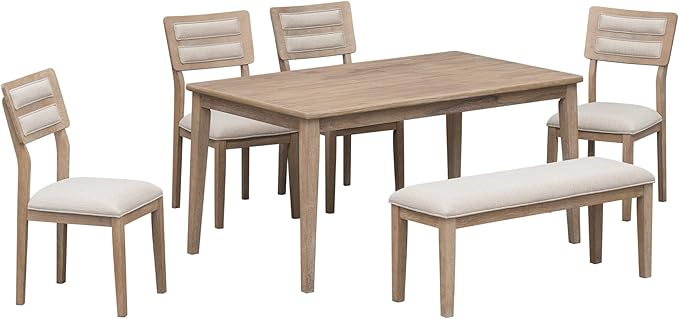 Harper & Bright Designs Kitchen Dining Table Set for 6, Classic and Traditional Style 6 Piece Kitchen Dining Table Set, 4 Upholstered Chairs & Bench (Natural Wood Wash)