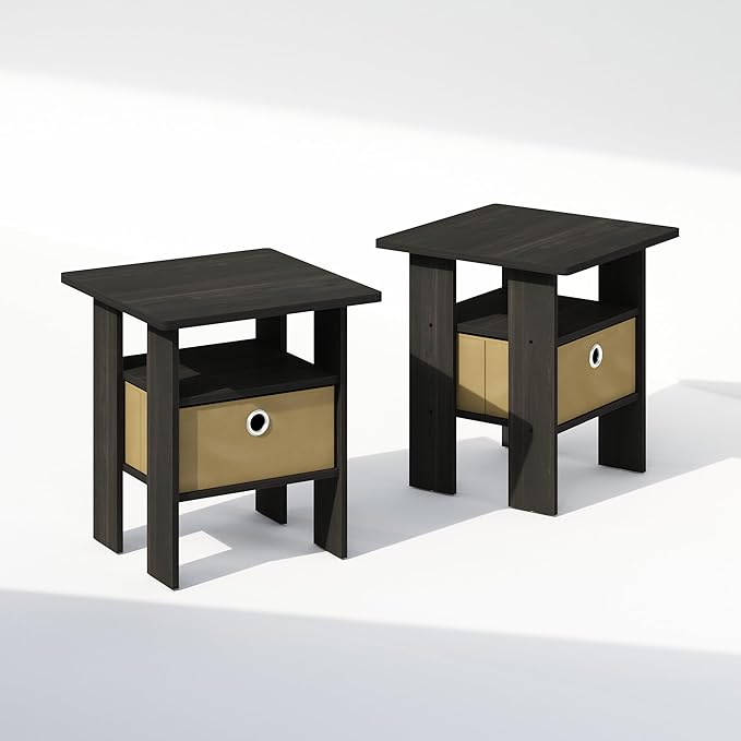 Furinno TIDUR Night Stand Set of 2, Open Shelf Design Nightstand with Storage Bin, Bedside Table, End Table, Side Table, for Bedroom, Closet, Dorm, Espresso
